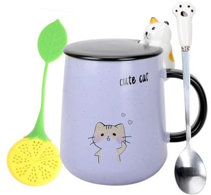 XinHuiGY Ceramic Cute Cat Mug, Coffee Cup with Lid and Spoon, Novelty Mug with 3D Kitty, Lemon Tea Infuser, Gift for Women, Girl, Teacher, Cat Lover (Purple)