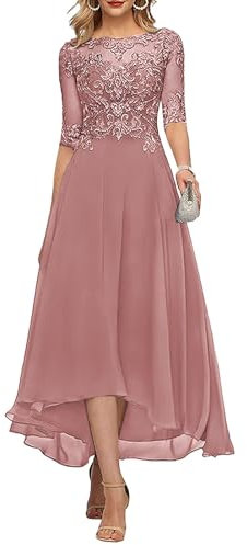 KURFACE Dentelle Applique thé longueur mère de la mariée robes pour mariage avec manches longues en mousseline de soie robe de soirée formelle, vieux rose, 44