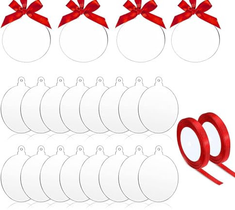 JMNHSOA 50 Stücke Transparenten Acrylscheibe Runde Deko,Anhänger mit Rotem Band Plexiglasplatten Feiertagsdekoration Plexiglasscheibe für DIY Neujahr Dekoration Basteln(7.6cm)