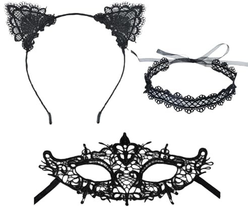 3 Stück Katzenkostüm Damen Zubehör Set, Fasching Katzenohren Haarreif, Catwoman Maske, Karneval Katzenmaske, Cat Ears, Faschingskostüme Damen Sexy,Halsband Frauen,Choker Schwarz, Für Maskenball Party