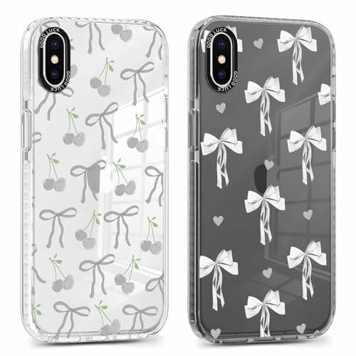 Phoona 2 packs Phone Case for iPhone XS Max 6.5'', Cute Clear Transparent Cover with Bow Cherries Pattern Aesthetics Design, Soft Shockproof Protective Slim Funda for Women Girls