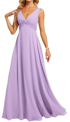 Damen Chiffon Brautjungfernkleider für Hochzeit, A-Linie, lang, formell, Abendkleid, Partykleid, rückenfrei, Übergröße, Flieder, 38