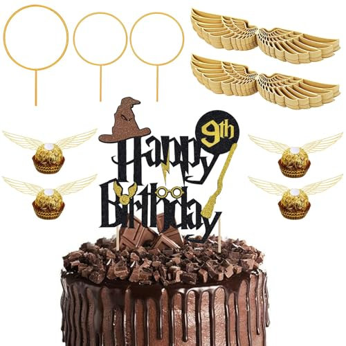 Glitter Magier Tortendeko 9. Geburtstag,54 Stk Wizard Cake Topper 9. Geburtstag,Golden Snitch Wings Schokolade Cake Topper Geburtstags,Kindergeburtstag Party Kuchen Deko,Magic Theme Party Supplies