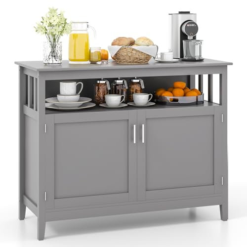 TANGZON Sideboard Storage Cabinet, Buffet Console Table with Doors & 5-Position Adjustable Shelf, Wooden Storage Cupboard for Kitchen, Living Dining Room (Grey, 114 x 51 x 91cm)