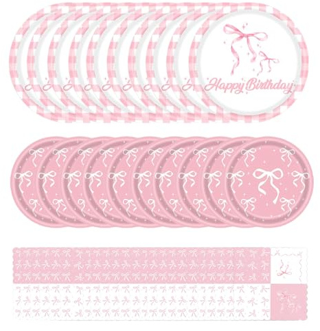 FloralGrace 40 Stück Rosa Schleife Party Dekorationen, Schleifen Geburtstagsparty Set Für 20 Personen mit Tellern und Servietten für Rosa Mädchenparty Dekorationen