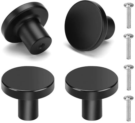 Parthan 4 Pcs Black Round Cabinet Knobs, Durable Stainless Steel Drawer Pulls for Kitchen, Wardrobe and Furniture, Black Door Knobs, Cupboard Kn OBS