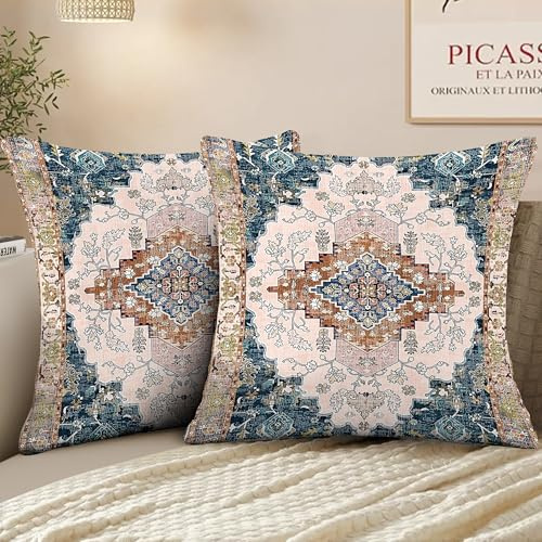 XPHZZL Pack of 2 Bohemian Style Linen Decorative Cushion Covers 65x65 cm Square Throw Pillow Covers 26x26 Inch Boho Style Pillowcases for Outdoor Home Decor Sofa Bedroom Car - Blue Pink