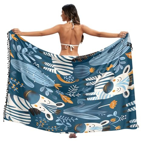 RPLIFE Cute Cartoon Zebras Cactus Blue Sarong Wraps for Women Fringe Beach Sarong for Women, Large, Cute Cartoon Zebras Cactus Blue, Large