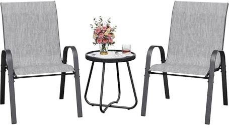Amopatio 3 TLG. Balkonmöbel Set, Bistroset Kleiner mit Bistrotisch & 2 stapelbare Gartenstühle aus Textilene und Metallgestell, Gartenmöbel Wetterfest für Balkon, Garten, Grey