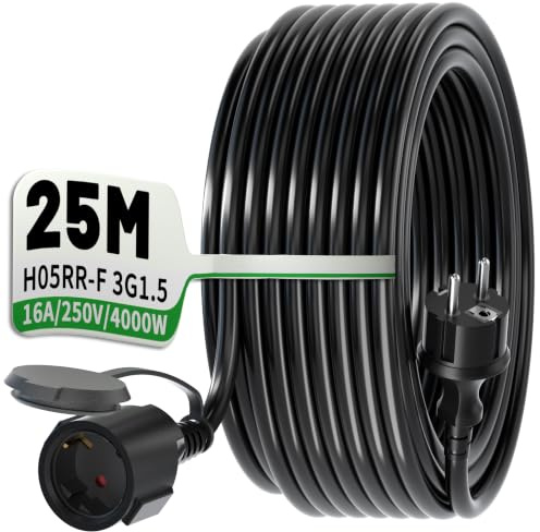 POWGRN Verlängerungskabel 25M schwarz H05RR-F 3G1.5 mm² Schwere Gummikabel | Bruchsicheres Design, flexibles Gummi, mit Kabelbinder, H05RR-F 3G1,5 mm², IP44, 16A 250V, geeignet für Haushaltsgeräte