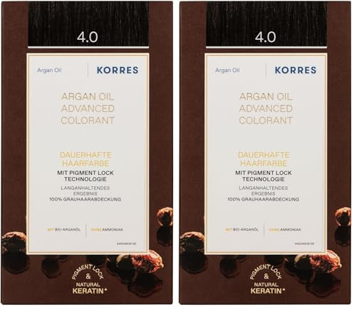 KORRES Argan Oil Colorant – ammoniakfreie Haarfarbe Mittelbraun 4.0 – mit Bio-Arganöl, 100% Grauhaarabdeckung & vegan für ein langanhaltendes Farbergebnis (Packung mit 2)