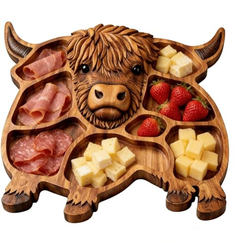 JIEBWCHA Dekorative Platte Für Snacks 33 cm Wurstbrett Aus Holz Mit Kuhmotiv Charcuterie Tablett Im Kuh Design Servierplatte Für Fleisch, Käse, Kekse, Hauspartys, Familientreffen