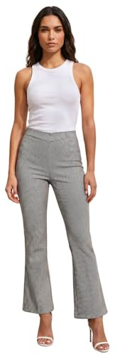 Roman Bootleg Trouser for Women UK Ladies Bootcut Stretch Flared Bengaline Long Full Length Pull-On Elasticated Waist Casual Smart Work Office Soft Flattering - Dogtooth Charcoal - Size 14