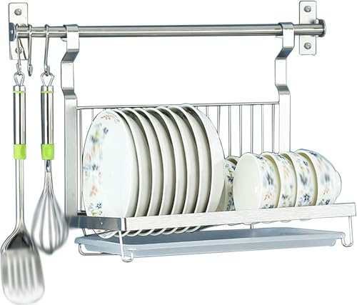 SWENEEN Escurridor De Platos De Acero Inoxidable para Montaje En Pared con Barra para Colgar Y Bandeja De Drenaje, Organizador De Secado De Platos Plegable con 5 Ganchos para ALM,