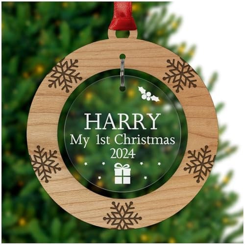 PERSONALISED Baby's First Christmas Bauble - Tree Decoration Wooden Ornament - Custom Babies 1st Xmas Keepsake - Cherry Veneer and Acrylic Christmas Tree Ornament - Keepsake Christmas Gifts Presents