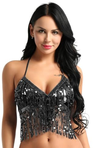 iEFiEL Damen Pailletten BH Bauchtanz Kostüm Oberteil Latin Neckholder Tops Frauen Tanzen Quaste Top Bikini Yoga Party Clubwear Schwarz Einheitsgröße