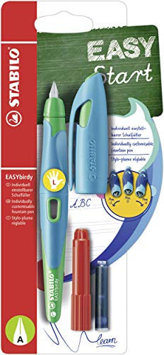 STABILO - Ergonomischer Schulfüller für Linkshänder mit Anfänger-Feder A - EASYbirdy in himmelblau/grasgrün - inkl. Patrone und Einstellwerkzeug - blau (löschbar)