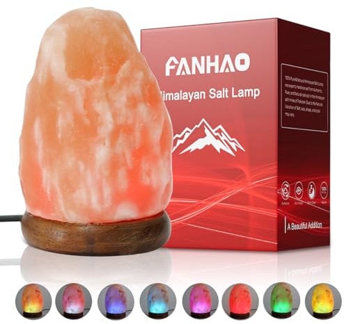 FANHAO Lámpara USB de sal del Himalaya con 8 colores cambiantes, lámpara de mesa de cristal natural para regalos, decoración del hogar, tallado a mano, bombilla LED y base de madera de goma real