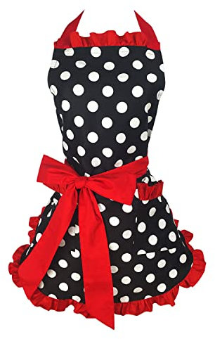 Floosum - Delantal de cocina sexy con bolsillo negro medio con volantes rojos.