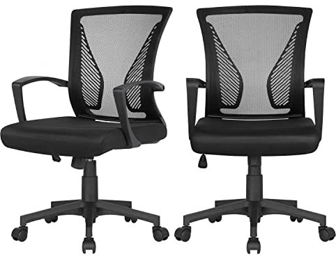 Yaheetech 2 Sedie da Scrivania Ufficio Studio in Rete Ergonomica a Rotelle Girevole Inclinabile Altezza Regolabile con Braccioli Nere