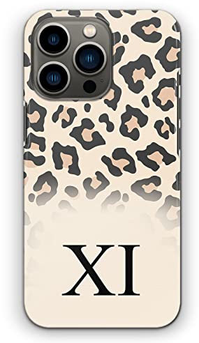 Personalised Initials Phone Case For Apple iPhones, 16, 15, 14,13, 12, 11, Pro Max, Mini, XR, SE Black Monogram, Initials on Beige Leopard Print Hard Phone Cover