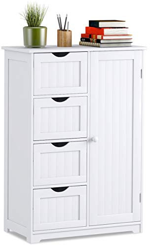GIANTEX Sideboard Badezimmerschrank, Aufbewahrungsschrank Badschrank aus Holz, Badezimmer Kommode mit 4 Schubladen & Verstellbarer Regalebene, Beistellschrank freistehend 56x30x82 cm (weiß)