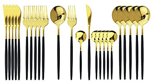 JASHII - Set di 24 posate in acciaio inox, set di posate in titanio nero e oro dorato, set da tavola moderno ed elegante per feste, Natale, cena (oro)