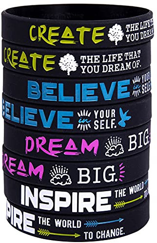 FHOISD (12-Pack) Motivational Quote Silicone Wristbands Rubber Inspirational Bracelets Gifts and Party Favors-Create, Believe,Dream, Inspire (Black, 8“ circumference)