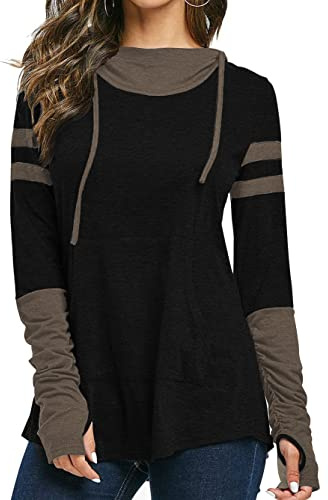 iChunhua Long Sleeve Tops with Thumb Holes for Women Pullover Baseball Hoodie Tunic Sweatshirt Khaki L