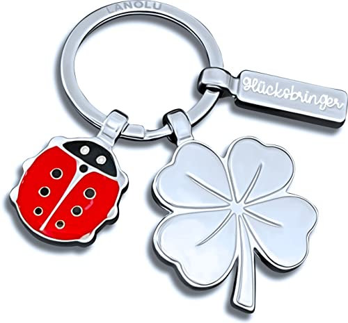 LANOLU Porte-clés porte-bonheur avec pendentif trèfle et coccinelle, porte-clés de voiture, porte-bonheur, opération de succès, cadeau de bonne chance, argenté, S