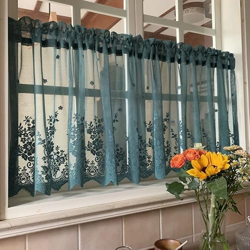 Devola Pastorale Art Scheibengardine Romantisch Blumenmuster Besticke Flächenvorhang transparent Garn Bistrogardine Moderne Kurzstore Cáfe Gardine Küchengardine HxB 58x100cm Dunkelgrün 1er Pack