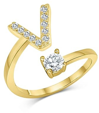 Zelaro Zirkonia Ring mit Initialen Gold | Pärchen Ringe für Mädchen Geschenk für Freundin, Freund | Ring mit Buchstabe | Frauen Ring als Schmuck Ringe zum Jahrestag | Verstellbare Ringe in Gold (V)