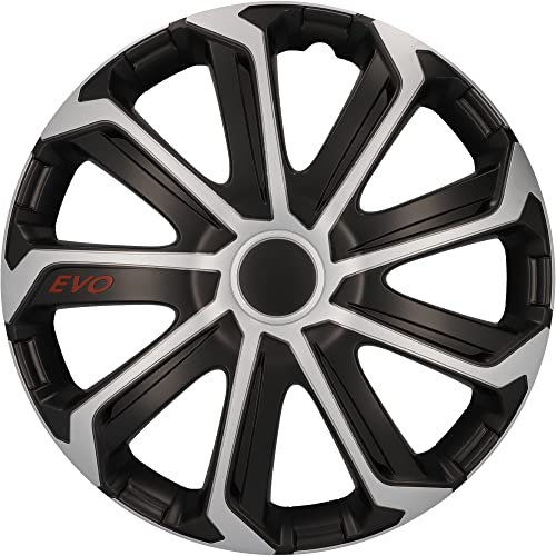 cartrend Evo Hub Caps 15 Inch for All Standard Steel Rims, Made of Special ABS Quality Plastic, Impact Resistant, Double Layer Metallic Paint, Can Be Painted Over, Black/Silver, Pack of 4