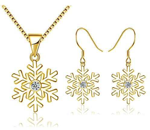Loutade Silber Weihnachten Schmuck Set Damen, 925 Sterling Silber Schneeflocke Halskette & Haken Ohrringe Set, Gold Weihnachts Schmuckset, 45cm Silberkette mit Schneeflocke Anhänger & Ohrhänger Set