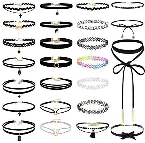 Choker Halsketten Set 25 Stück Gothic Choker-Set Tattoo-Kette Schmuck-Sets Damen Kragen Halsketten Schwarzer Klassischer Velvet Choker Kette für Damen Mädchen,Länge Einstellbare