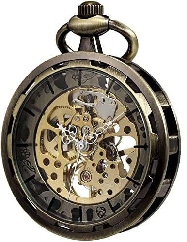 VIGOROSO Mens Classic Steampunk Pocket Watch with Chain Skeleton Hand Wind Mechanical Pocket Watches for Men & Women