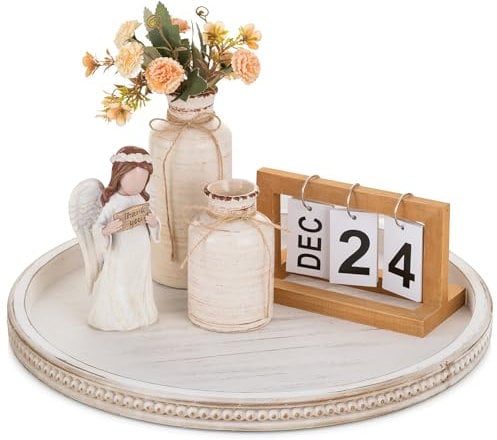 Hanobe Deko Tablett Serviertablett Groß: Weiß Gewaschen Vintage 45cm Holztablett Rund mit Perlen Rand Rustikal Dekotablett Shabby Kerzentablett für Home Ottoman Wohnzimmer Küche Tisch