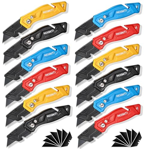 REXBETI 12-Pack Folding Pocket Utility Knife, SK2 Box Cutter, 32 Blades