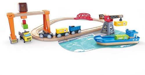 Hape Abladen und Aufladen im Hafen Set, Eisenbahn-Set, Schienen, Züge und Schiff, Spielset zur Förderung von Feinmotorik und Logik, ab 3 Jahren