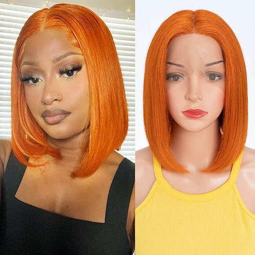 DÉBUT Orange Straight Bob Perücken Echthaar T Teil Lace Front Bob Perücke Vorgezupft mit Babyhaar 150% Dichte brasilianischen Virgin Haar für Frauen(25 cm, S ORANGE)
