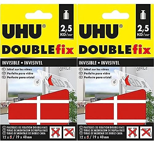 UHU Doublefix invisible - Ruban adhésif double face, ultra puissant, résistance à 2,5kg, transparent, 12 pastilles 40mm x 19 mm (Lot de 2)