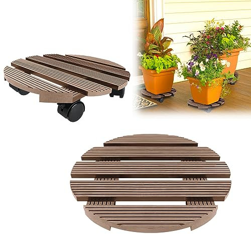 VA-Cerulean 2er WPC Pflanzenroller, Blumenroller mit Feststellbare Räder, Rollbrett 100KG Tragkraft, Kübelroller für Außenbereich und Innenbereich,φ30x7.5cm(Rund,Braun)