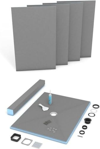 Wedi US2000011 Fundo Primo 48 In x 60 In Shower Kit, Waterproof Board Installation System with Central Square Drain Grate Assembly, Prefabricated Sloped Shower Base (Shower Tray) and Lean Shower Curb