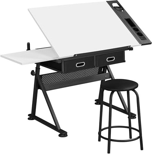Yaheetech Zeichentisch Architektentisch Verstellbarer Tischplatte Schreibtisch Schülerschreibtisch mit Hocker und Schubladen Höhenverstellbar Arbeitstisch für Techniker Architekten Weiß
