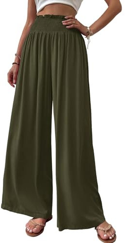 Cicy Bell Damen Hosen Gerade Locker Elastische Weite Beinhose Taille Palazzo Hose Mit Taschen Military Green XXL