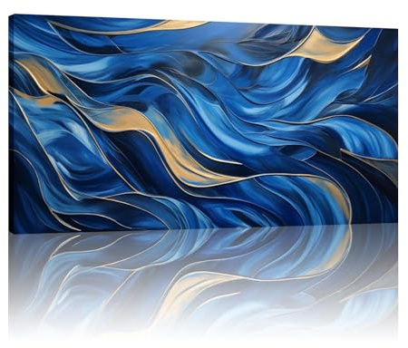 HOLEILUCK Art mural sur toile bleu or peinture paysage image panoramique œuvre grand encadré pour décoration murale de salon 100x200cm/39x78in avec cadre