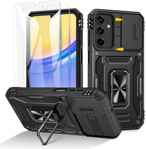 Doeshine Coque pour Samsung Galaxy A15 5G, 2 Protecteurs D'écran, et Anneau Béquille, [ 360° Protection Militaire ] Protection Coulissante Caméra (Noir)