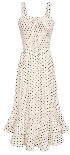GRACE KARIN Women Summer Beige Polka Dots Maxi Dress Square Neck Chiffon A Line Strappy Smocked Beach Dress L