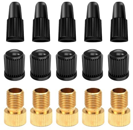 Soodyoow Fahrradventil Adapter, Adapter Französisches Ventil, Messing-Adapter für Presta-Ventile (5er-Pack + 10 Kappen), Presta- in Schrader-Ventile für Fahrräder, E-Bikes, und E-Scooter - Reifen
