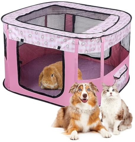 Welpenlaufstall Tierlaufstall Faltbar für Hunde,Welpenauslauf Oxford-Gewebe Hundehütte,Welpenauslauf Rechteckiges Zelt für Hunde Hasen Meerschweinchen Katzen für innern oder außen,70x55x40cm Rosa